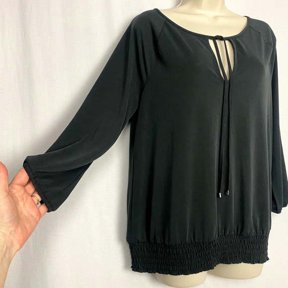 Crosby Top Womens Medium Black Keyhole V Neck Blouson Shirred Stretch Modal Knit - Picture 5 of 16